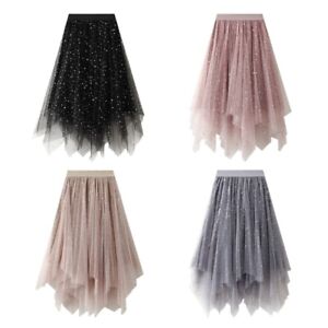 Women Star Sequins Layered Mesh Tulle Velvets Prom Party Tutu Midi Long Skirts