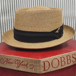 Vtg. DOBBS "Coronado" Fedora Hat - Tan Shantung Palm Finish, Fly Lure Hatpin ~7¼ - Picture 1 of 24
