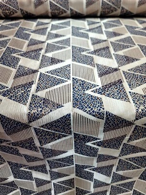 Fabric By The Yard Brocade Gold Metallic Navy Blue Triangle Textured Fabric  - Image 1 of 4