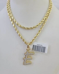 10k 3mm Rope Solid Chain E Diamond Pendant Alphabet 18"-28" Gold Charm Necklace - Picture 1 of 8