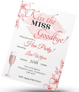12 x Hen Do Invites, Personalised Hen Party invitations, Kiss The Miss Goodbye - Picture 1 of 2