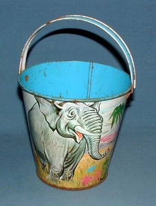 TIN LITHO 5" SAND BUCKET W/ SAFARI ANIMALS -  U.S. METAL TOY CO. - 1960'S - USED - Picture 1 of 7