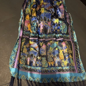 VTG Laurel Burch 100% Silk Scarf Colorful Puppy Dogs Fringed Edges ~11" x 65" - Picture 1 of 15