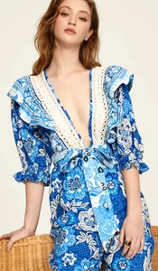 ๐$260 FARM RIO FULL OF FLOWERS EYELET RUFFLE TIE FRONT JUMPSUIT NEW SZ SMALL - Picture 1 of 6