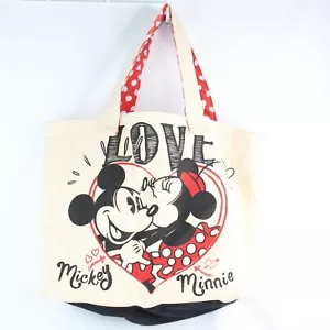 Disney Store 2017 Canvas Retro Mickey Minnie Tote Bag Red Polka Dot Lining - Foto 1 di 5