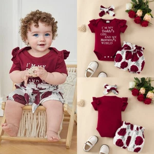 Newborn Baby Girl Short Sleeve Letters Romper Jumpsuit Shorts Headband Outfits - Picture 1 of 15