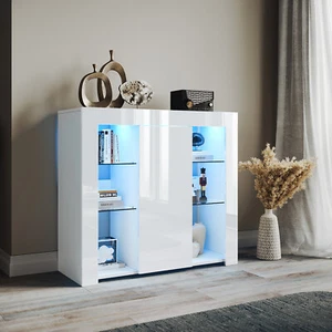 White High Gloss Sideboard Storage Door Glass Shelves Cupboard with LED Lights - Picture 1 of 19