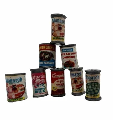 Juego de 8 miniaturas aprox. Lata de comida realista de 1 pulgada lata de alimentos enlatados minis Foto 1 de 4