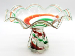 Vintage Hand Blown Art Glass Compote Footed Bowl Red Green White 9 1/2" Diameter - Picture 1 of 5