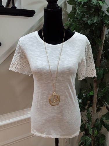 Camicetta top donna Michael Kors bianco sporco pizzo girocollo manica corta media