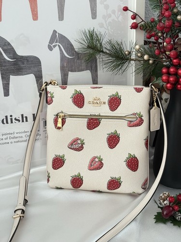 Coach Mini Borsa Portadocumenti Rowan con Stampa Fragola Stile CAQ09 Nuova con etichette