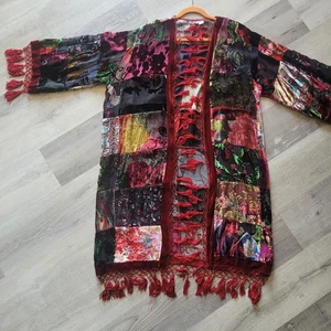 Chico’s Vtg Mandarin Velvet Burnout Patchwork Silk/Rayon Tassel Duster M/L Boho - Picture 1 of 12
