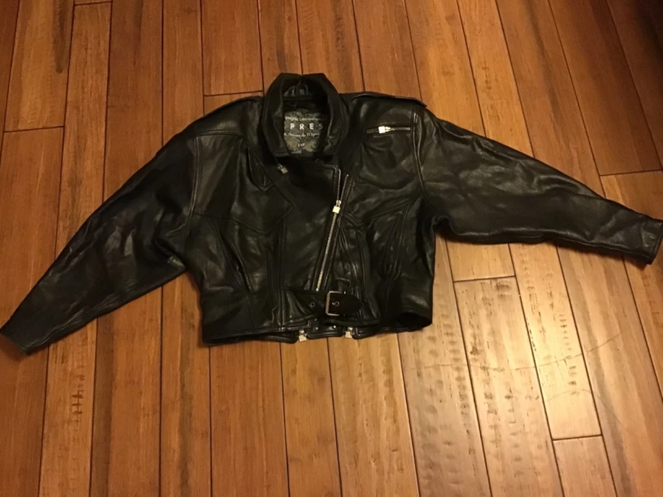 Chaqueta de motociclista Express vintage de cuero para mujer de los años 80 negra con tachuelas cremallera talla L Foto 1 de 4