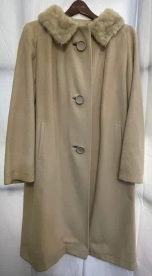 Vintage Carol Brent 100% Cashmere Coat Fur Collar Beige Mid-Length Women’s M - Image 1 of 4