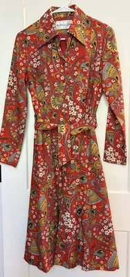 Mo Mullen Vintage 70s Shirt Dress Red 100% Wool Lined Fabric Covered Buttons - Image 1 of 4