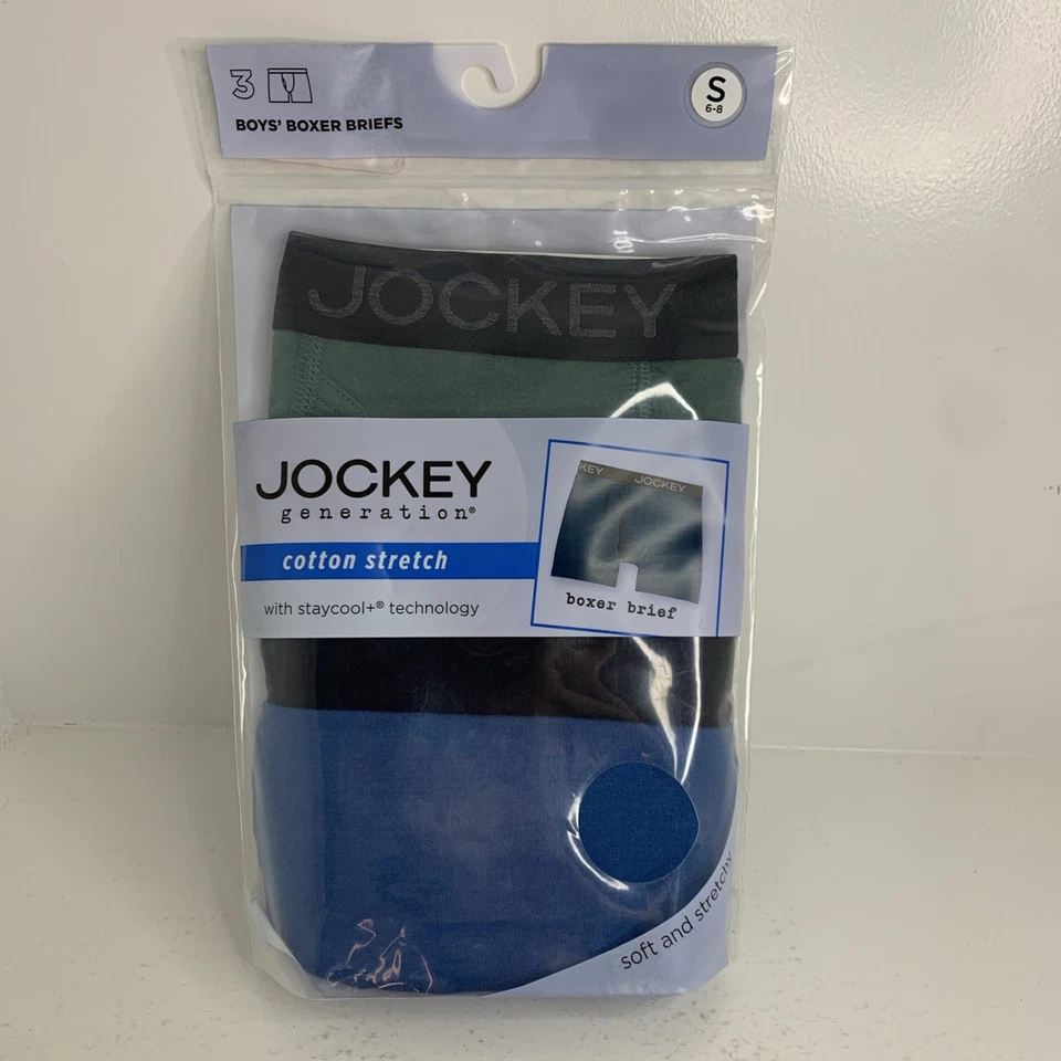 Jockey Generation 男孩尺寸小号 6-8 多色棉质 3 件装平角内裤全新带标签 — 第 1/4 张图片