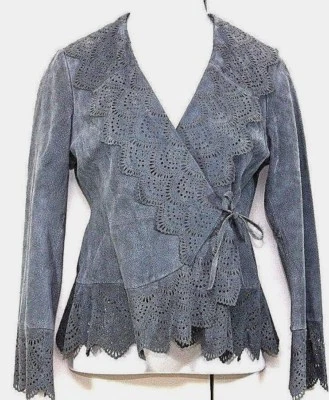 Куртка Newport News 6 серая замшевая перфорированная кружевная с запахом спереди пеплум - Изображение 1 из 4