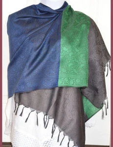 Chal, envoltura, flecos estolados floral tejido cachemira negro seda azul banaras - Imagen 1 de 5