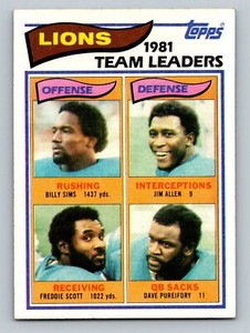 1982 Topps #389 Billy Sims/Freddie Scott/Jim Allen/Dave Pureifory TL Lions
