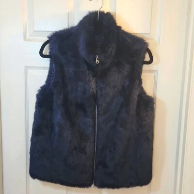 J. Crew Vest Navy Blue Faux Fur Sz: S High Collar zip front H0514 layering warm - Image 1 of 4