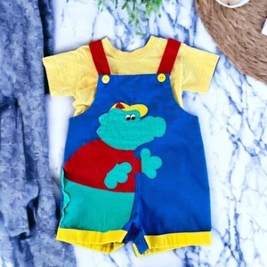 Salopette e T-Shirt Vintage Bambino Taglia 3 Blocco Colore Alligatore Applique - Foto 1 di 11