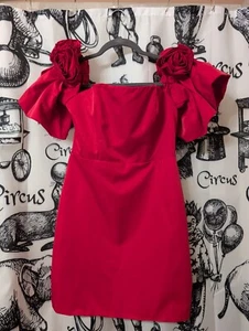 Short, off the shoulder little red dress. Puffy sleeves with roses. Zipper on... - Picture 1 of 5