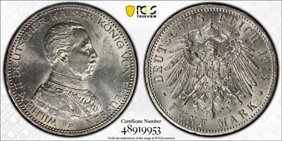 Germany 1913 A 5 Mark Prussia Pcgs Ms62-Military Bust - Image 1 of 3