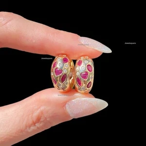 Ruby Gemstone Diamond 14K Solid Yellow Gold Hoop Huggie Sister Earrings Jewelry - Picture 1 of 7