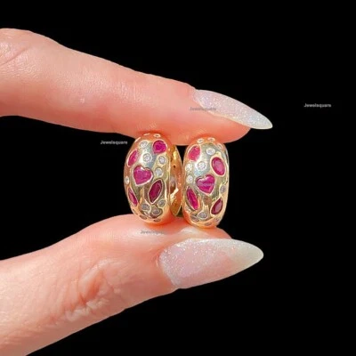 Ruby Gemstone Diamond 14K Solid Yellow Gold Hoop Huggie Sister Earrings Jewelry - Image 1 of 4