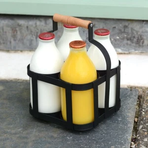Metal Vintage 4 Bottle Milk Holder Carrier Rack Wooden Handle Retro Drinks Caddy - Picture 1 of 5