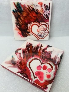 I Love Dogs Paw Splash Coasters: Handmade, Hand-Painted, 2pc. set Resin Coated - Picture 1 of 5