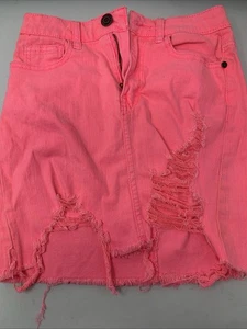 Machine Mini Skirt Women's 26 Small Hot Pink Denim Distressed Cut Off Pencil Y2K - Picture 1 of 8