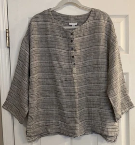 J. Jill PureJill Linen Henley Shirt Top Size MED Women's Gray Striped 3/4 Sleeve - Picture 1 of 12