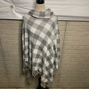 The Limited Womens Gray Buffalo Plaid Fringe Hem Cowl Neck Poncho Size M/L - Picture 1 of 6