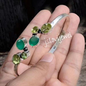 Faceted Peridot & Green Onyx Gemstone 925 Sterling Silver Artisan Crafted Bangle - Picture 1 of 5