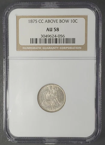 1875 CC Above Bow Seated Liberty U.S. Dime 10C NGC Almost Uncirculated AU 58 Cover