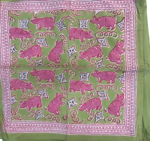 Pomegranate 6 Placemat/Napkin Set Green Pink Pig Kite Abstract Cotton - Picture 1 of 2