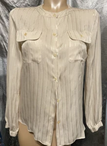 Vintage 80s Pierre Cardin High Neck Blouse - Size M Ivory Stripe Silk - Picture 1 of 4