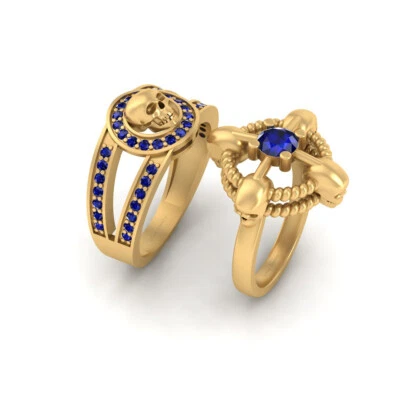 Juego de anillos de boda con calavera de zafiro azul creado de 1,0 quilates para pareja gótica Foto 1 de 4