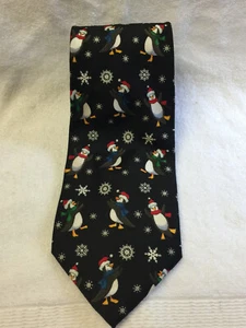HAPPY DANCING SANTA HAT WEARING PENGUINS CHRISTMAS HOLIDAY Snowflakes NECK TIE  - Picture 1 of 2