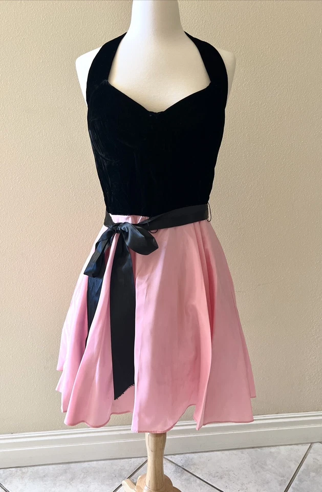 Roberta De Colección Años 80 50 Estilo Halter Vestido Mini Terciopelo Rosa Barbie Tafetán 11/12 Y Foto 1 de 4