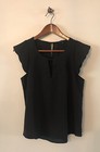 Iris Black Top Blouse Cap Scallop Short Sleeve V Neck Boutique Casual SMALL