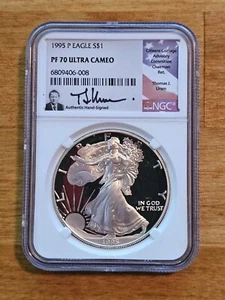 1995 P $1 Silver Eagle NGC PF 70 ULTRA CAMEO Thomas J. Uram Signed Flag Label - Picture 1 of 2