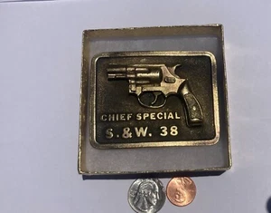 Vintage 1975 Metal Belt Buckle, Brass, Smith & Wesson, 38 Special, Chief Special - Picture 1 of 5