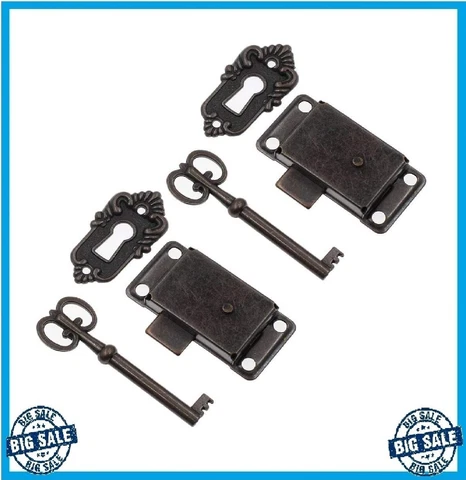 2 Sets Skeleton Key Lock Decorative Antique Brass Cabinet Lock with Key for Ches Cover