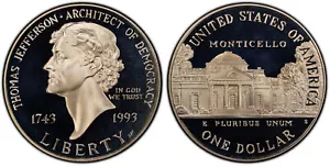 USA 1 dolar plata 1993 S proof 250 aniv. Thomas Jefferson - silver Dollar - Imagen 1 de 1