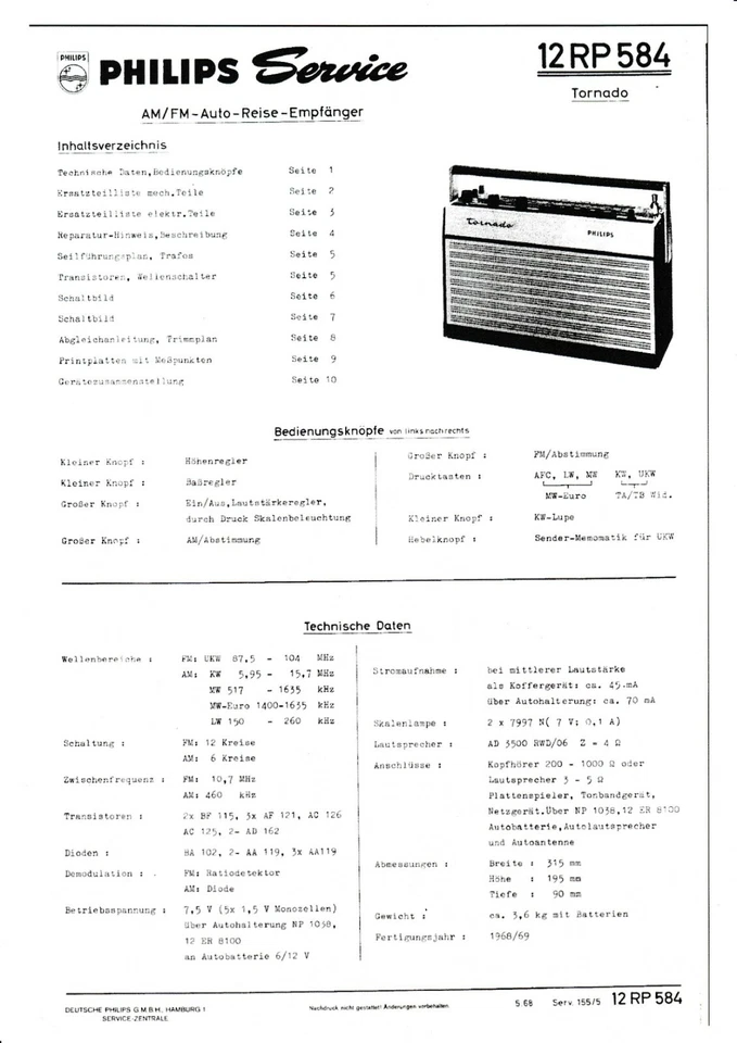 Servizio Manuale di Istruzioni per Philips 12 Rp 584, - Immagine 1 di 1
