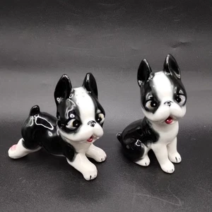 Vtg Boston Terrier Puppy Dog Salt & Pepper Shakers Playful Happy Ceramic - Picture 1 of 18