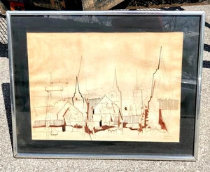 VTG 1978 Large Modern Gothic Abstract Drawing Original Artwork Signed Framed - Picture 1 of 11