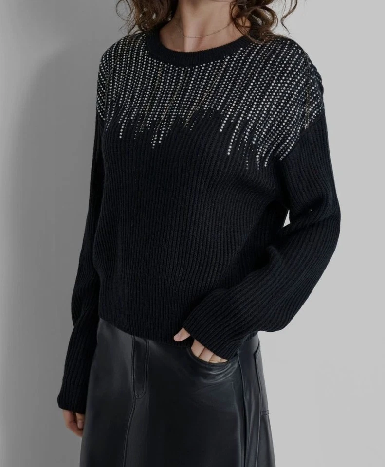 DKNY Women's Black Embellished-Fringe Rib-Knit Sweater Size S - Image 1 of 1